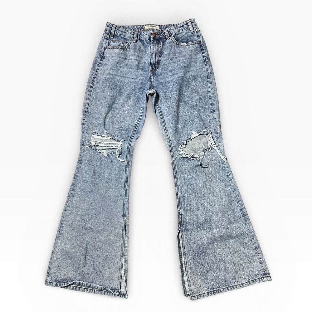 Rock & Roll‎ Denim High Rise Flare Distressed Light Wash Jeans 29x34 Split Hem
